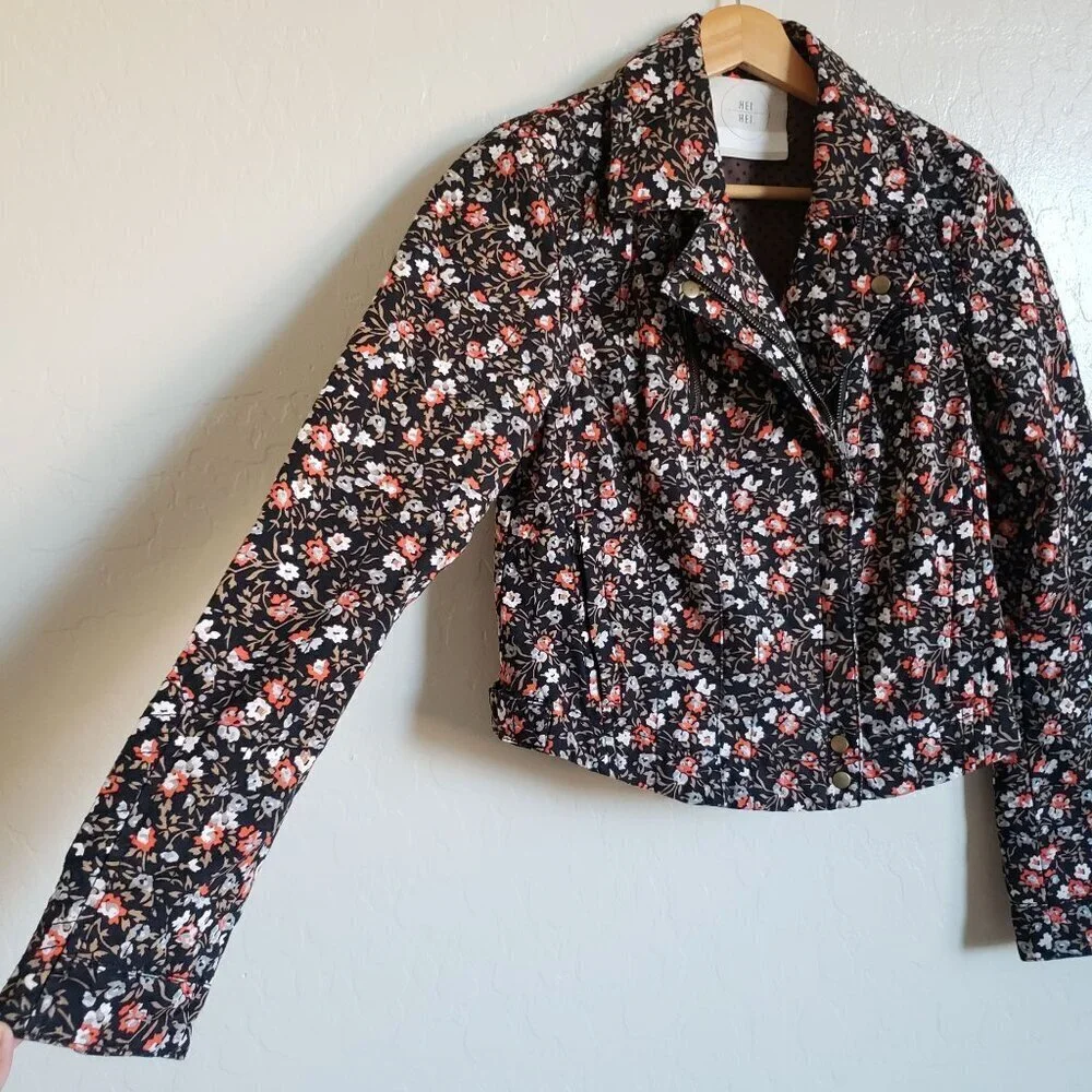 Anthropologie Hei Hei Tinsley Floral Moto Zip Jacket Black Sz 4 Dark Cottagecore